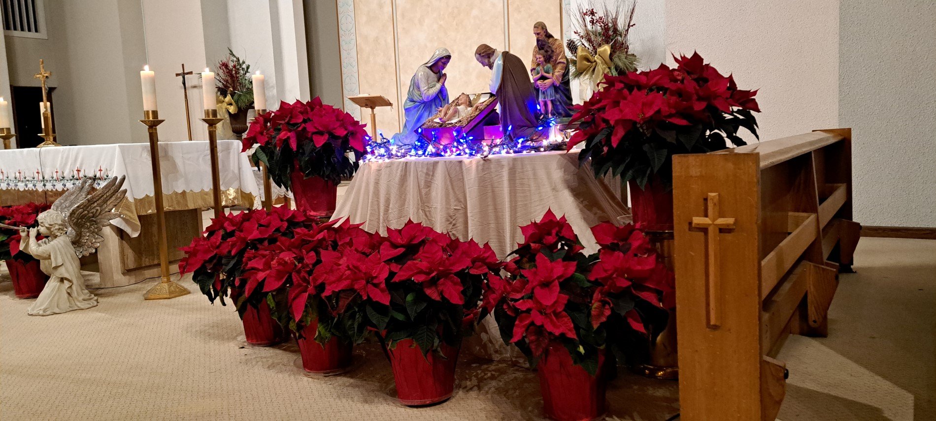 Picture of the altar with the Nativity on the right side with warm white & blue lights for Solemnity of Mary