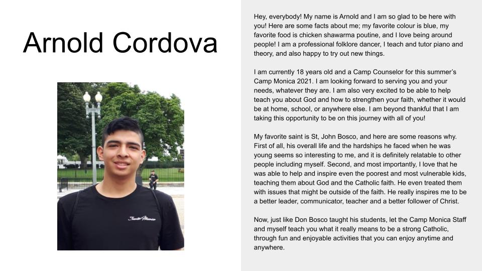 Picture and profile of Camp Counsellor Arnold Cordova