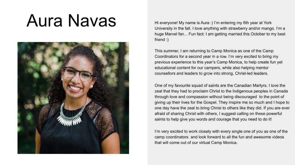 Picture and profile of Camp Coordinator Aura Navas