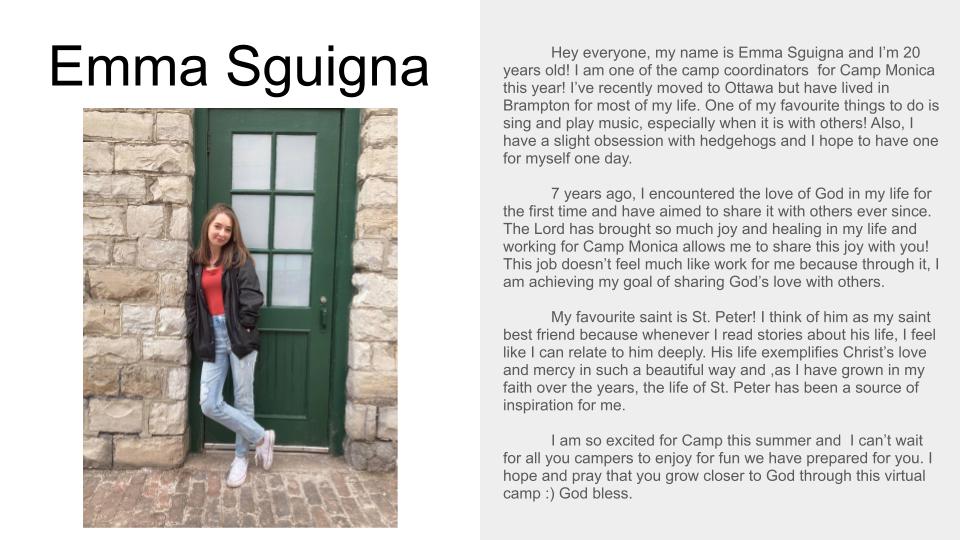 Picture and profile of Camp Coordinator Emma Sguigna