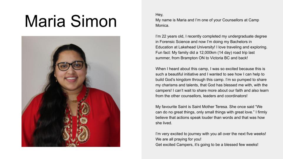 Picture and profile of Camp Counsellor Maria Simon