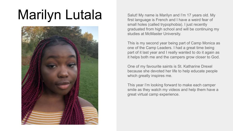 Picture and profile of Camp Leader Marilyn Lutala