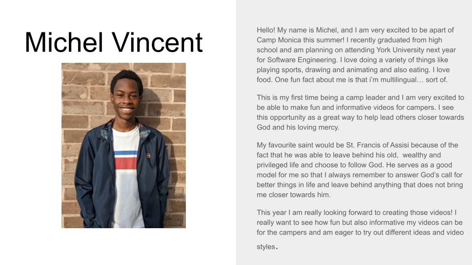 Picture and profile of Camp Leader Michel Vincent