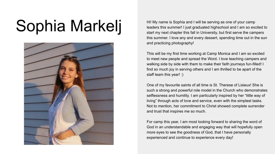 Picture and profile of Camp Leader Sophia Markelj