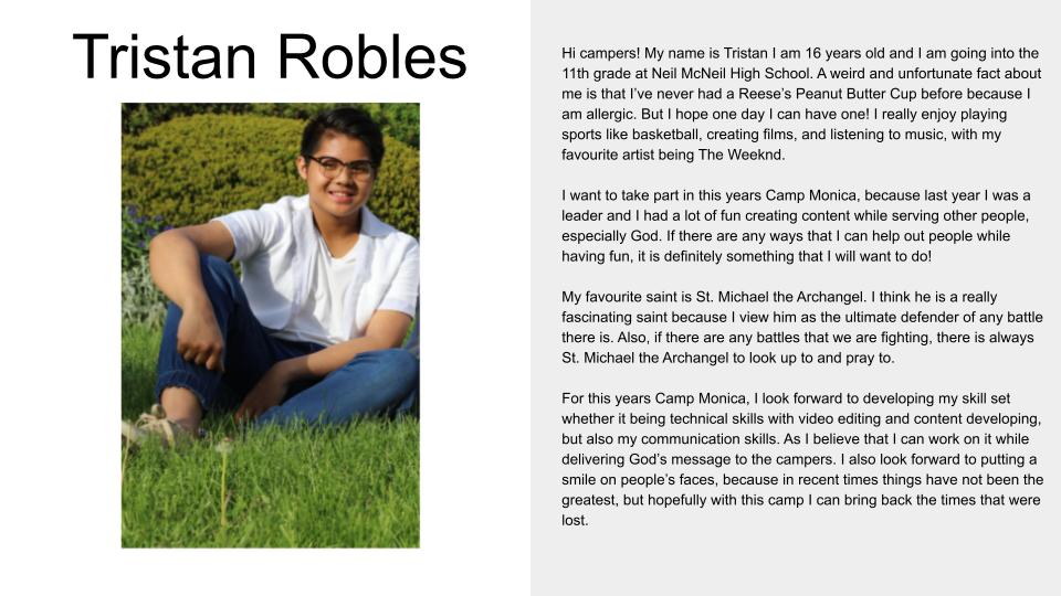 Picture and profile of Camp Counsellor Tristan Robles