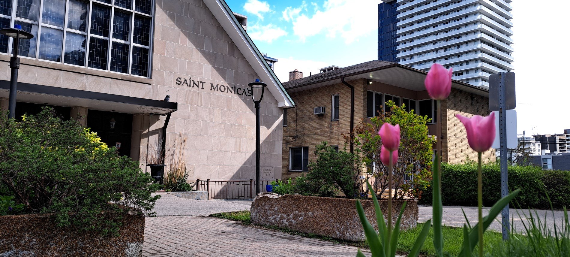 Picture of front of church with pink tulips in foreground