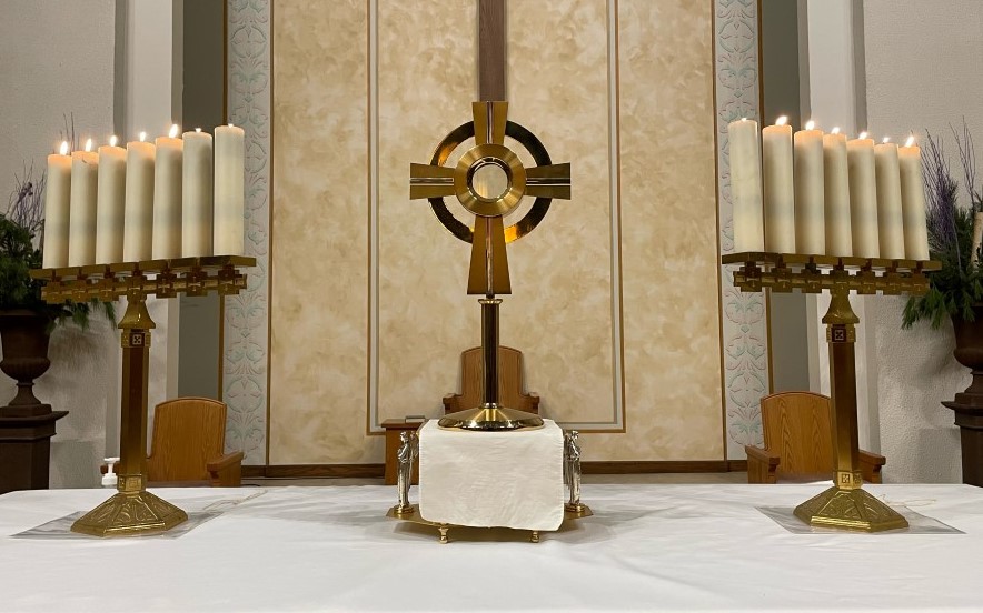 Closeup of the candelabra and monstrance on First Friday Adoration