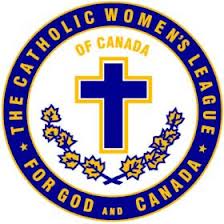 The logo of the Catholic Women's League consisting of a blue cross with a yellow border inside a blue circle with a yellow border, with motto "For God"