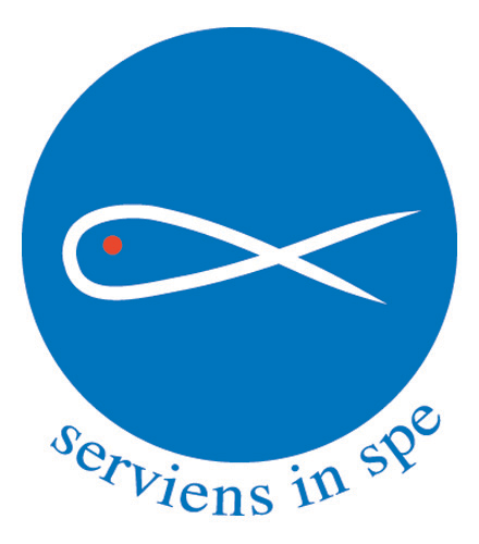Logo of the Society of Saint Vincent de Paul, a white fish over a blue circle with the motto "serviens in spe"