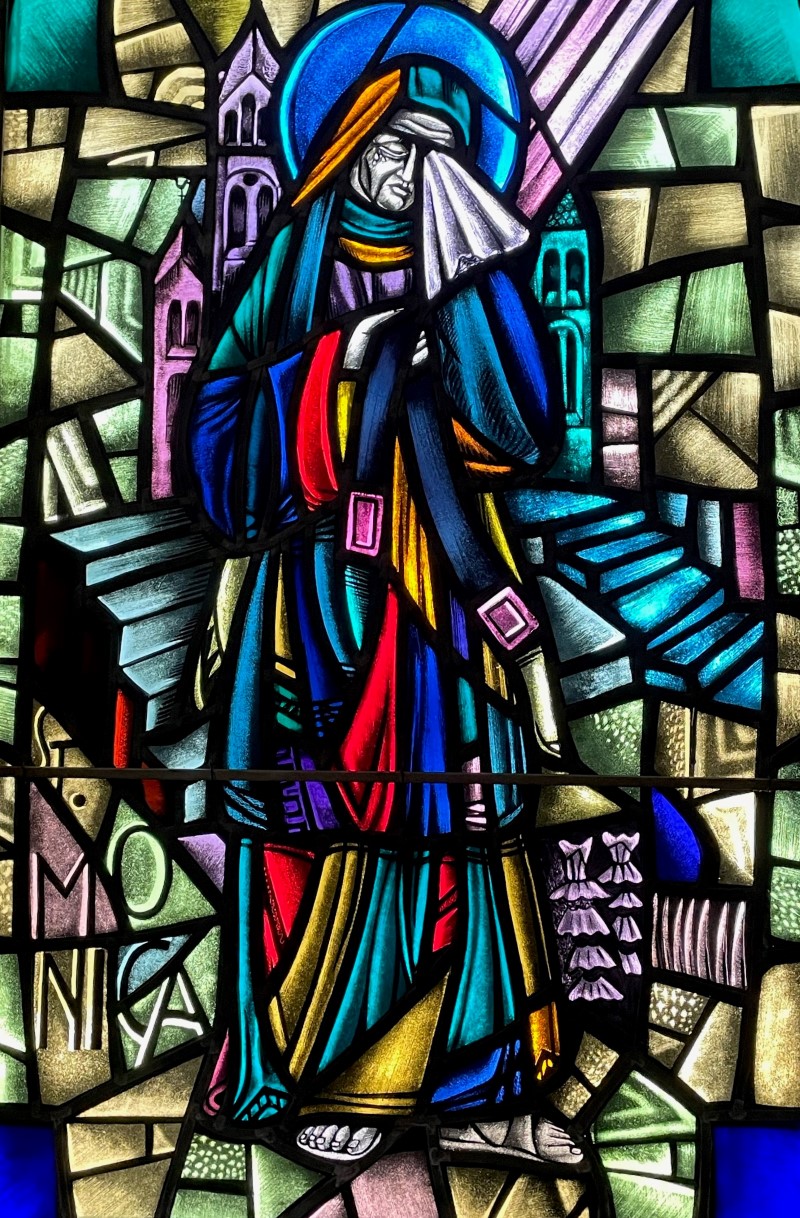 Stained glass window in sacristy showing image of St. Monica