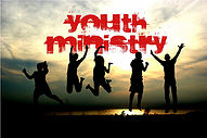 A photo of young people jumping with a sunset on the background and the words "Youth Ministry" at the front