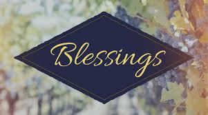 The word BLESSINGS in gold font against a blue diamond background