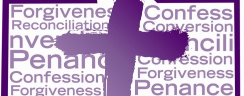 Purple cross with words Forgiveness, Penance, Confession in the background