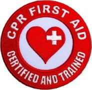 Logo: white letters against red background - CPR FIRST AID CERTIFIED AND TRAINED