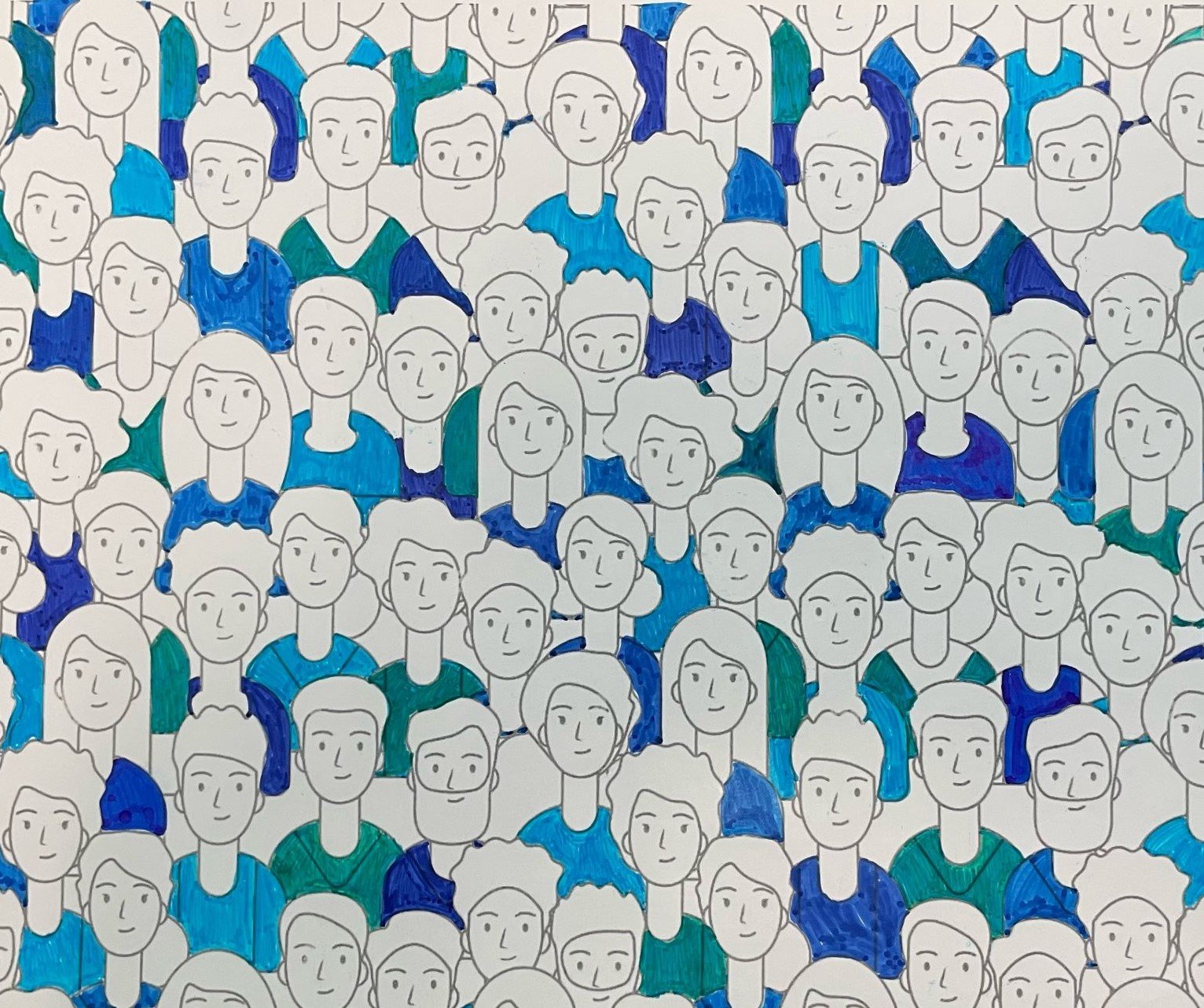 Clip art of crowd with different shades of blue t-shirts