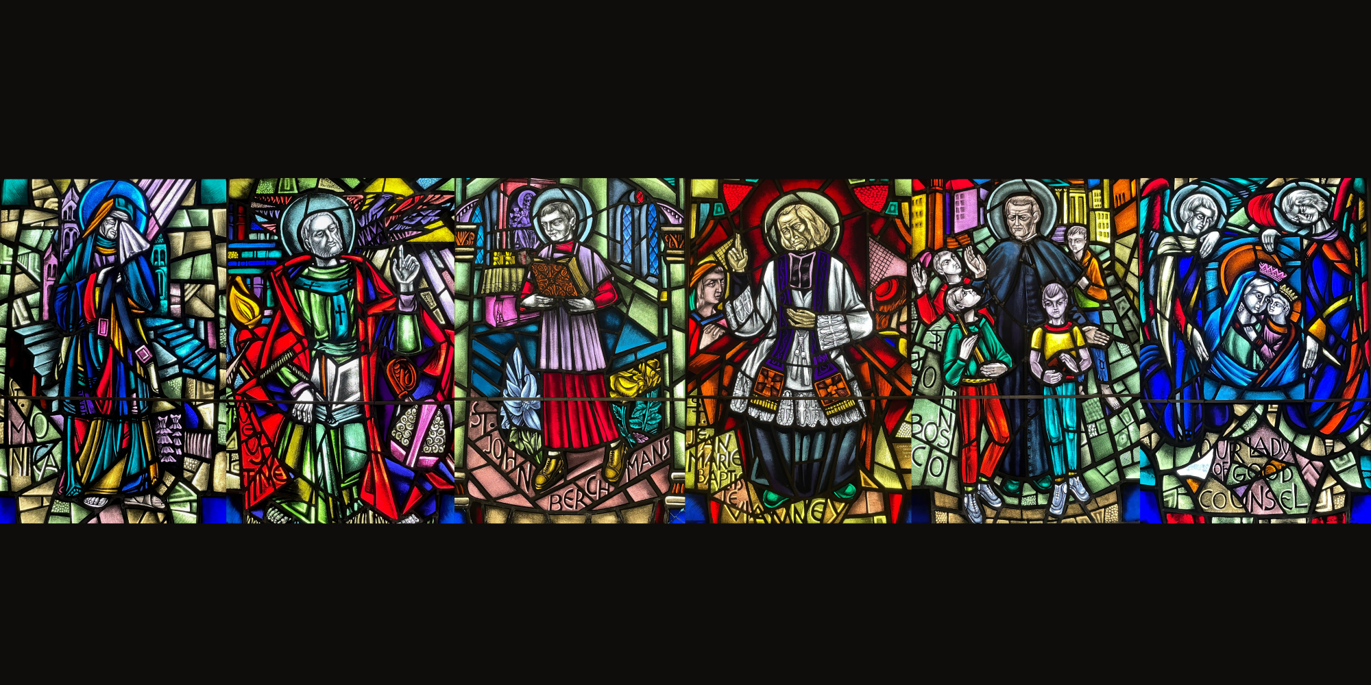 Picture collage of 6 stained glass windows showing saints